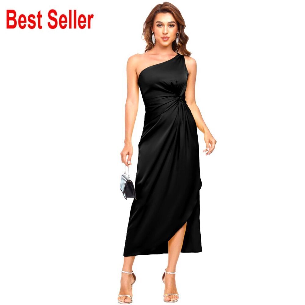 One Shoulder Satin Backless Twist Wrap Midi Dress Cocktail Party